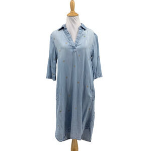 Cloth & Stone Dress Women S Small Blue Gold Dotted Chambray Tab Sleeve Shirttail